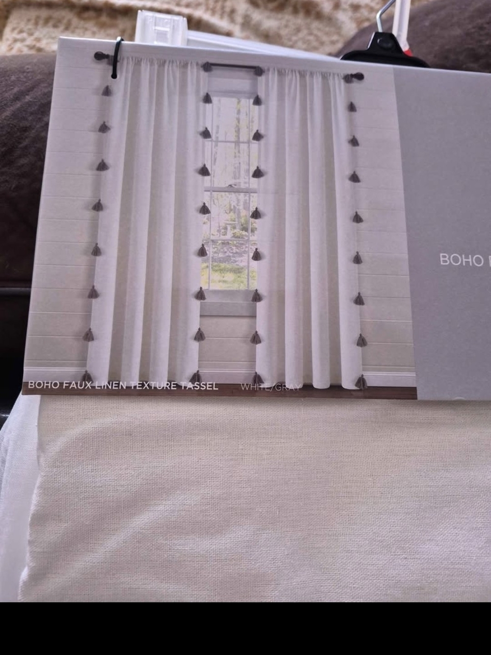Boho Faux Linen Tassel Curtain Panel - White with Gray Tassels